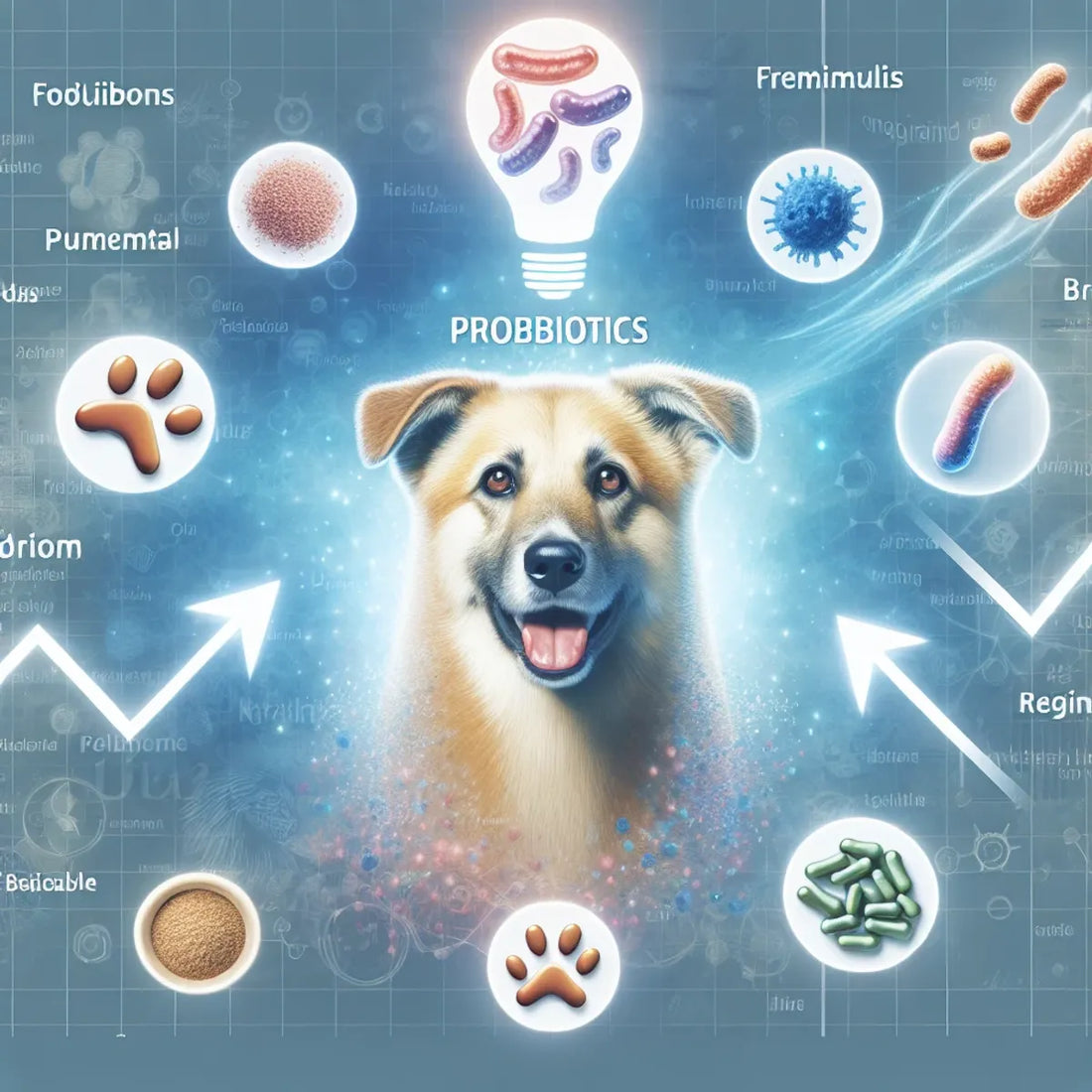 A happy dog with a glossy coat surrounded by friendly bacterial shapes and a rising trend symbol.