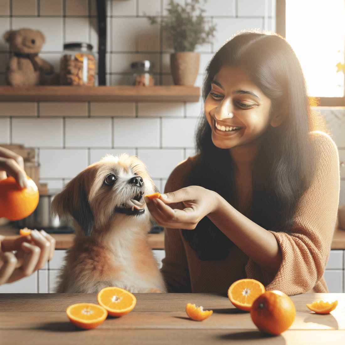 A woman feeding oranges to a dog