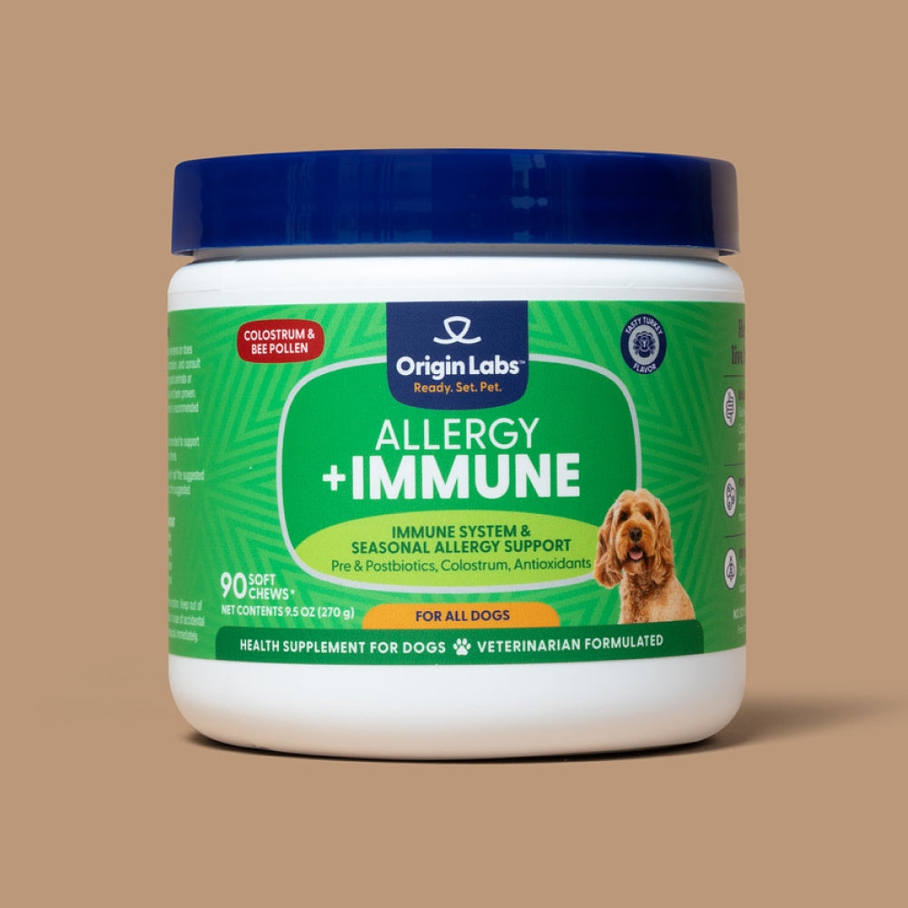 Dog allergy immune supplement jar with '25% OFF' promotion and heart-shaped chews.