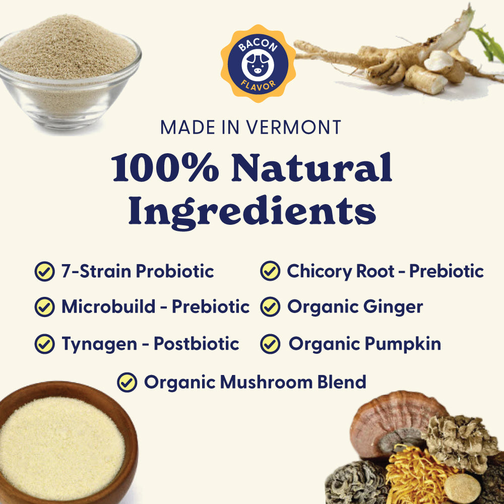 Dog allergy immune supplement jar with '25% OFF' promotion and heart-shaped chews.