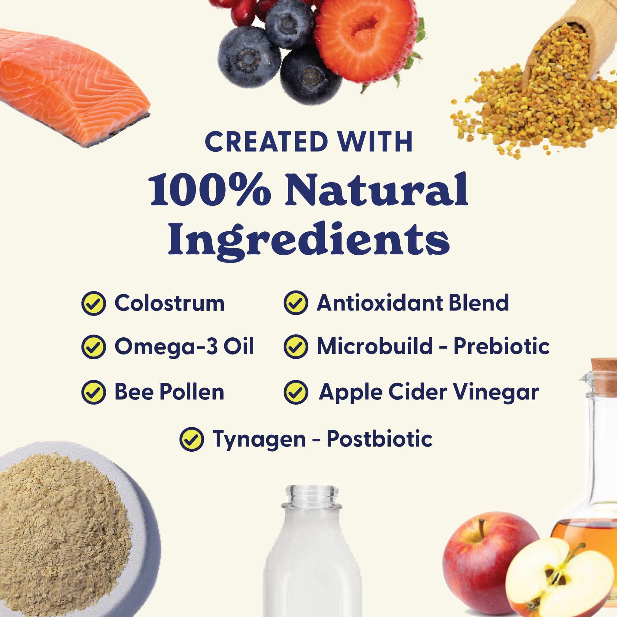 Dog allergy immune supplement jar with '25% OFF' promotion and heart-shaped chews.