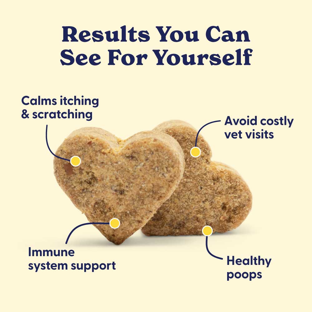 Dog allergy immune supplement jar with '25% OFF' promotion and heart-shaped chews.