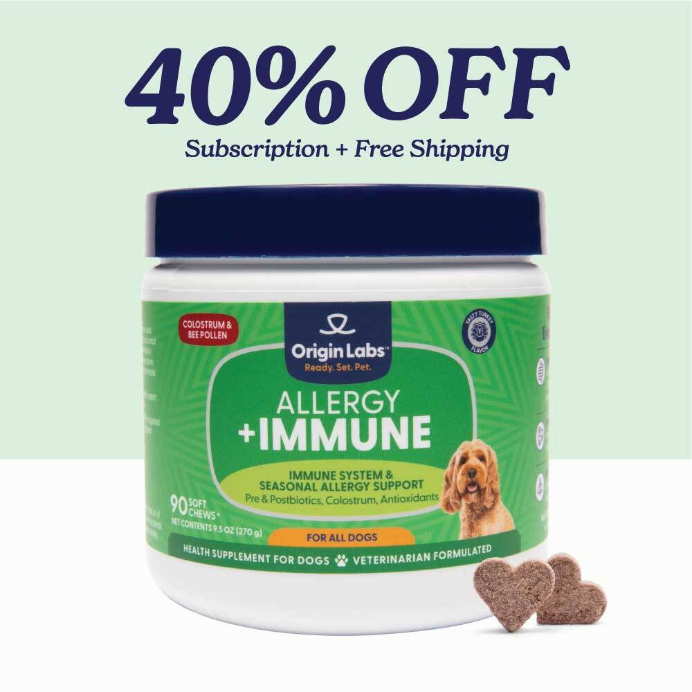 Dog allergy immune supplement jar with '25% OFF' promotion and heart-shaped chews.