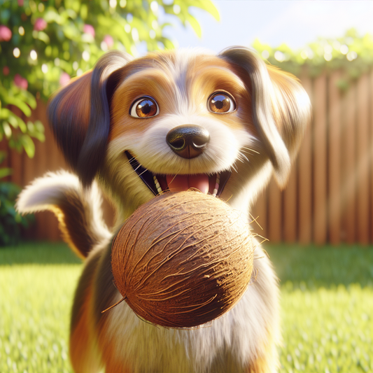 A happy dog holding a coconut in its mouth in a sunny meadow