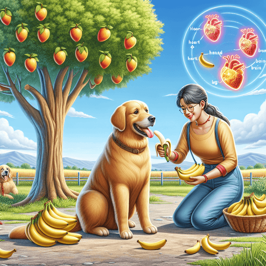 A Hispanic woman feeds her Golden Retriever a banana