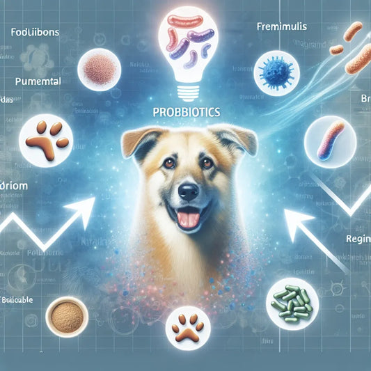 A happy dog with a glossy coat surrounded by friendly bacterial shapes and a rising trend symbol.