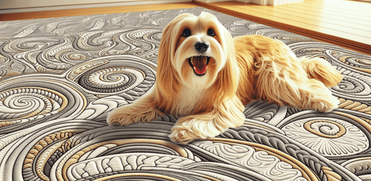 A happy dog laying on a patterned carpet