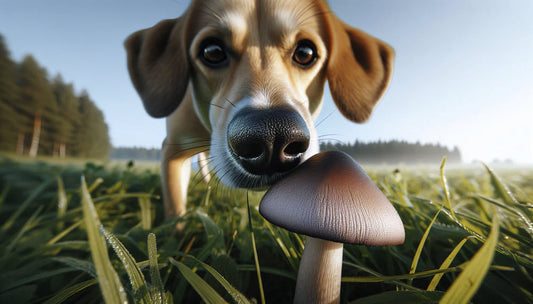 A dog sniffing a mushroom in a grassy field