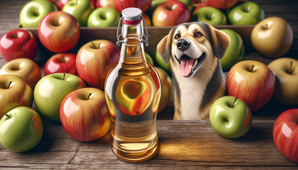 A glass bottle of apple cider vinegar surrounded by fresh apples