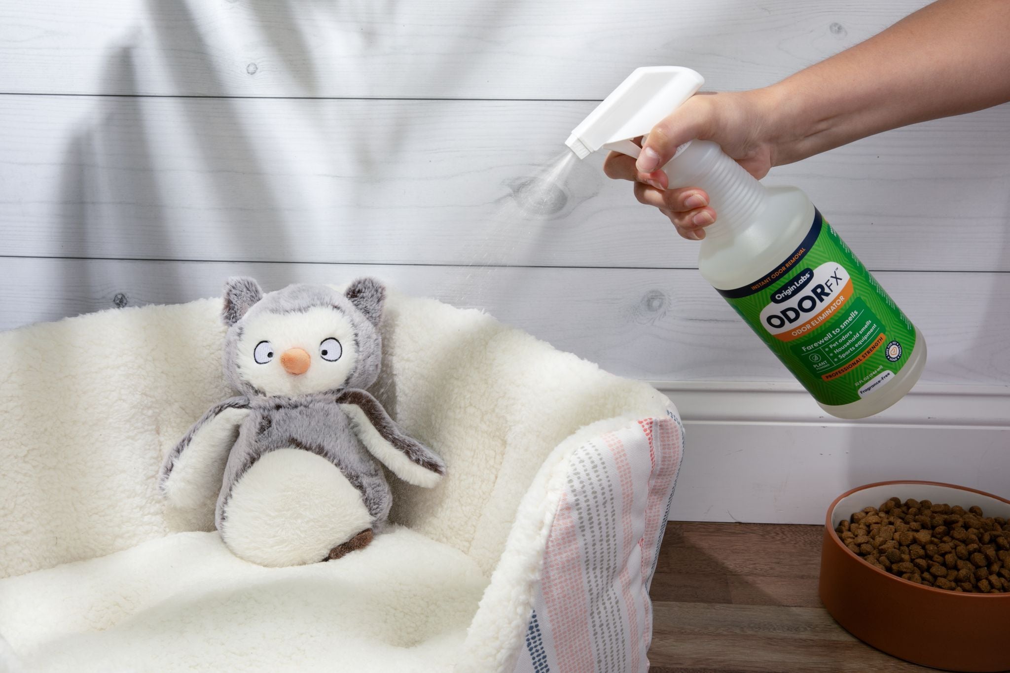 spraying odorfx cleaner on a dog bed