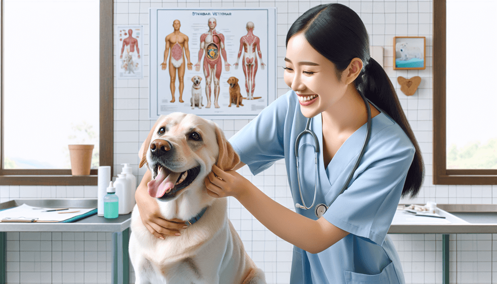 A black Labrador Retriever happily sits on an examination table while an Asian female veterinarian in light blue scrubs checks its health with a stethoscope.