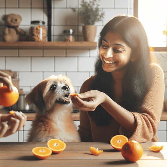 A woman feeding oranges to a dog